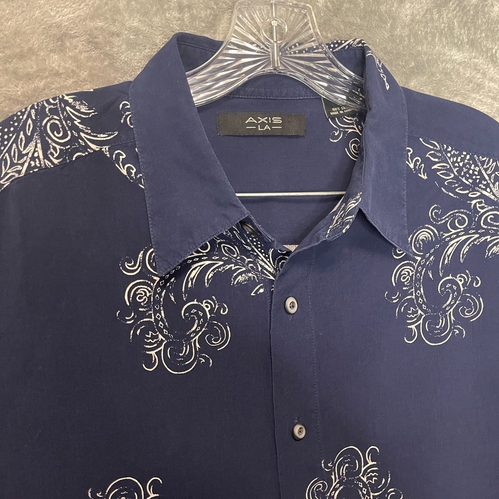 Axis LA Men 100%‎ Silk Paisley Hawaiian Resort Short Sleeve Button Shirt L Blue